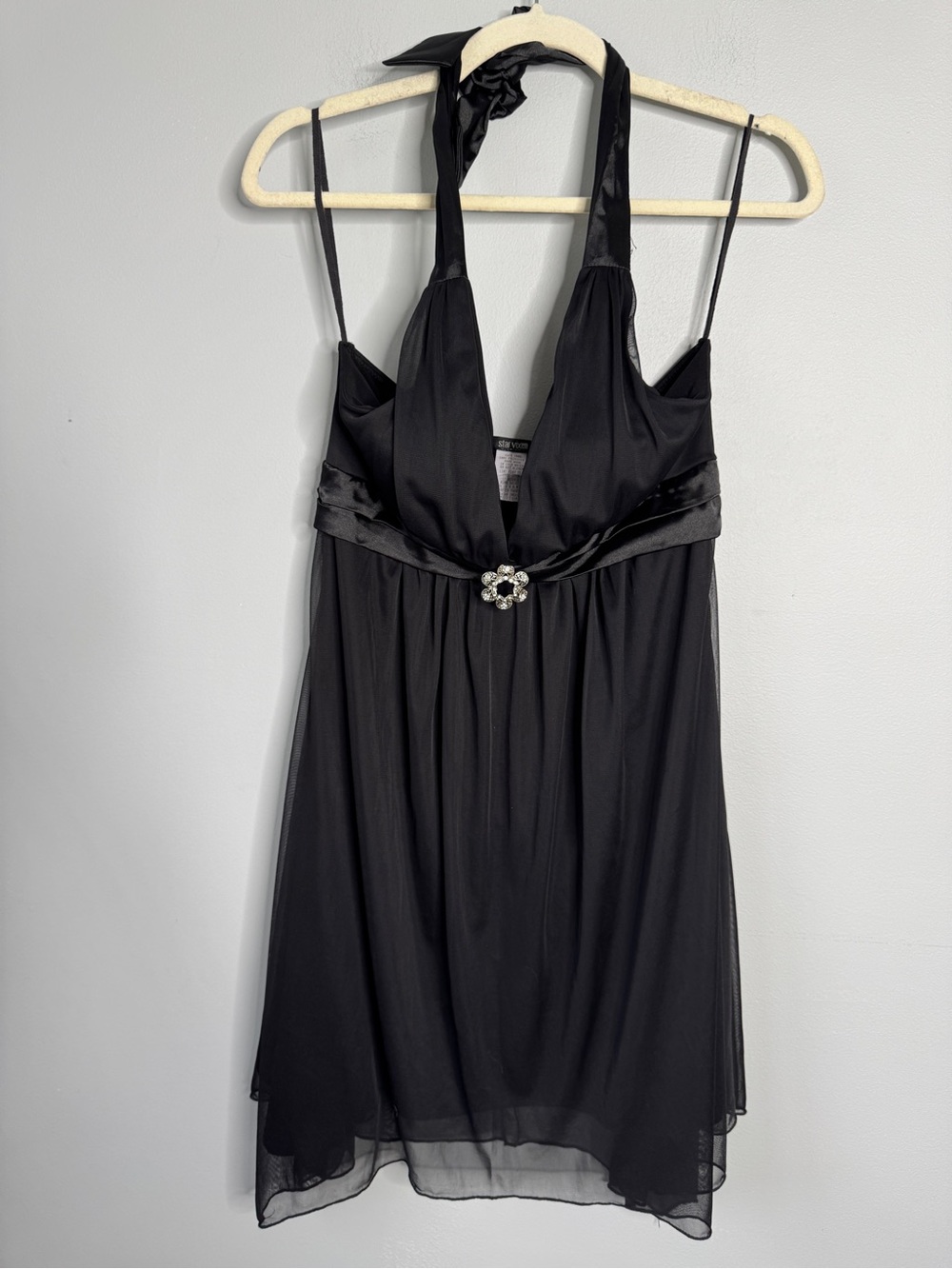 Star Vixen Black Halter Mini Dress with Rhinestone Brooch